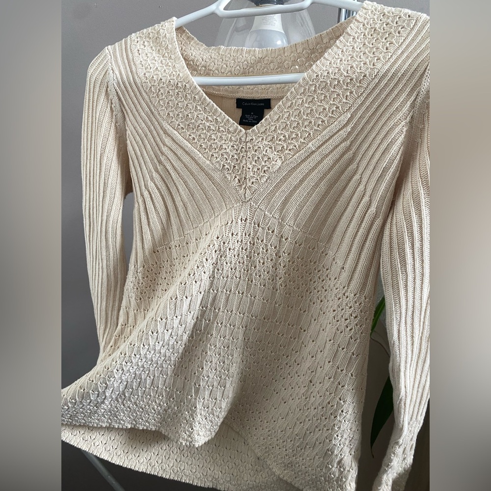 Cream V-neck Pointelle Ribbed Sweater Shirt